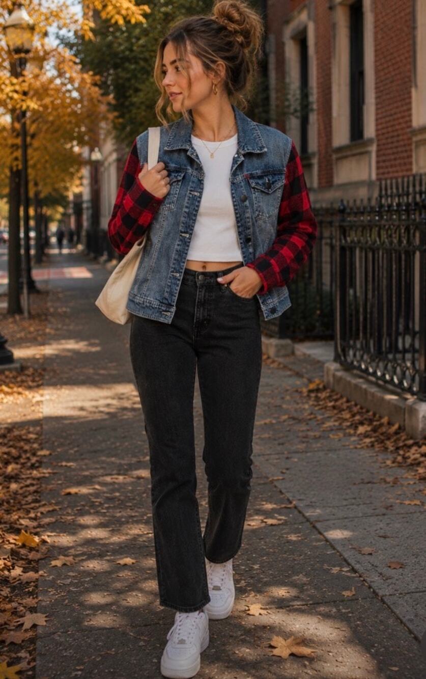Forever 21 Denim Buffalo Plaid Flannel Sleeve Trucker Jacket Red Black Medium